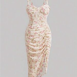 SHEIN Pink Floral Ruched Midi Dress